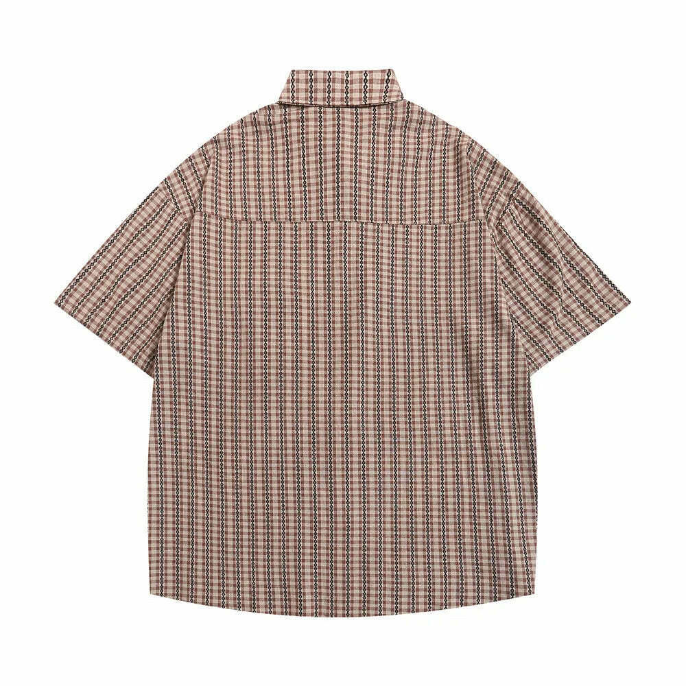 Coquette Aesthetic Gingham Grandad Shirt - Y2K Fashion Half Sleeve Top Coquette Aesthetic Gingham Grandad Shirt - Y2K Fashion Half Sleeve Top