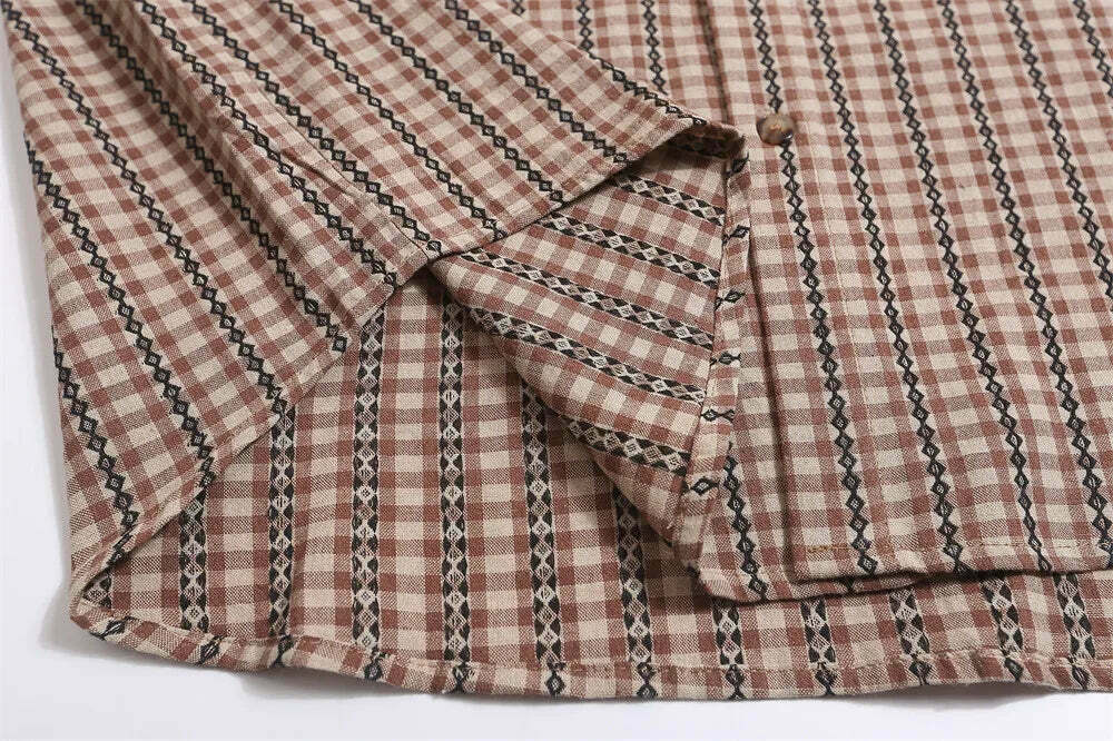 Coquette Aesthetic Gingham Grandad Shirt - Y2K Fashion Half Sleeve Top Coquette Aesthetic Gingham Grandad Shirt - Y2K Fashion Half Sleeve Top