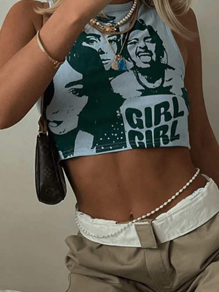 Coquette Aesthetic Girl Print Rib Cropped Tank Top Coquette Aesthetic Girl Print Rib Cropped Tank Top