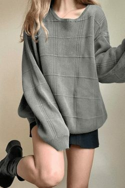 Coquette Aesthetic Gray Plaid Pullover Knit Sweater