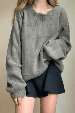 Coquette Aesthetic Gray Plaid Pullover Knit Sweater