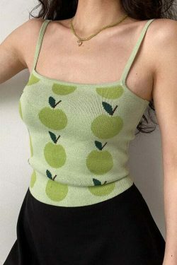 Coquette Aesthetic Green Apple Tank Top - Y2K Fashion for Women - Cute Tops with Grunge Style