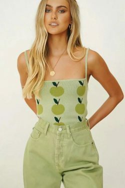 Coquette Aesthetic Green Apple Tank Top - Y2K Fashion for Women - Cute Tops with Grunge Style