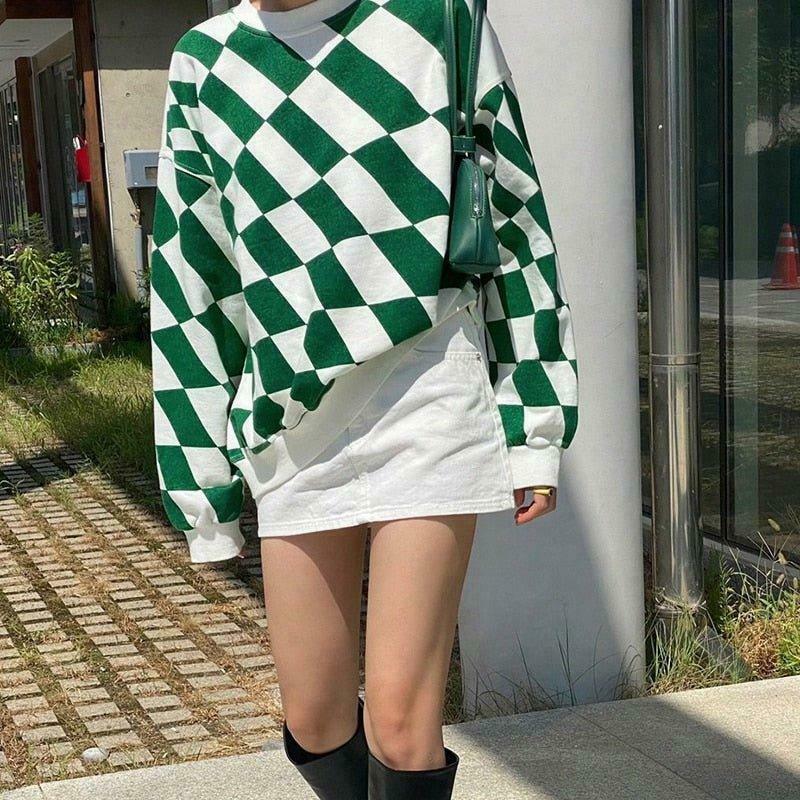Coquette Aesthetic Green Checkered Oversized Sweatshirt - Y2K Fashion Women's Clothing