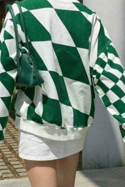 Coquette Aesthetic Green Checkered Oversized Sweatshirt - Y2K Fashion Women's Clothing