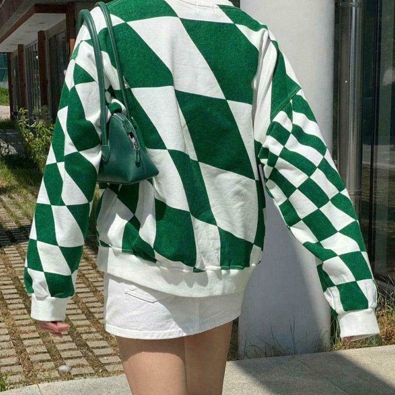 Coquette Aesthetic Green Checkered Oversized Sweatshirt - Y2K Fashion Women's Clothing