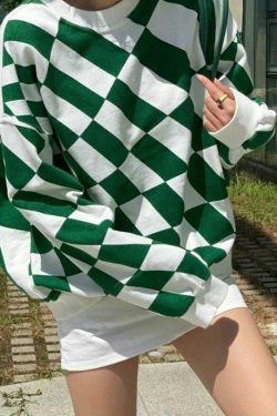 Coquette Aesthetic Green Checkered Oversized Sweatshirt - Y2K Fashion Women's Clothing