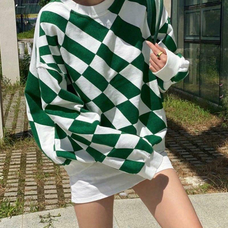 Coquette Aesthetic Green Checkered Oversized Sweatshirt - Y2K Fashion Women's Clothing