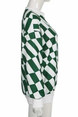 Coquette Aesthetic Green Checkered Oversized Sweatshirt - Y2K Fashion Women's Clothing
