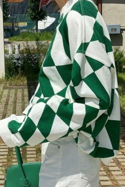 Coquette Aesthetic Green Checkered Oversized Sweatshirt - Y2K Fashion Women's Clothing