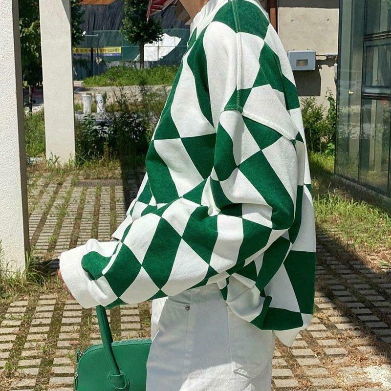 Coquette Aesthetic Green Checkered Oversized Sweatshirt - Y2K Fashion Women's Clothing
