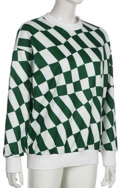 Coquette Aesthetic Green Checkered Oversized Sweatshirt - Y2K Fashion Women's Clothing
