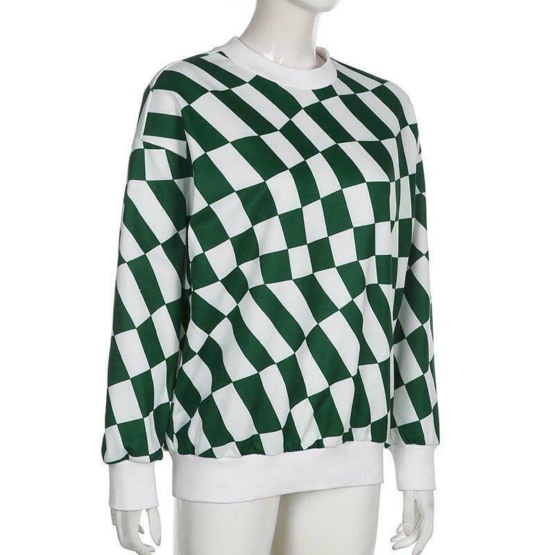Coquette Aesthetic Green Checkered Oversized Sweatshirt - Y2K Fashion Women's Clothing