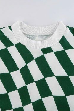 Coquette Aesthetic Green Checkered Oversized Sweatshirt - Y2K Fashion Women's Clothing