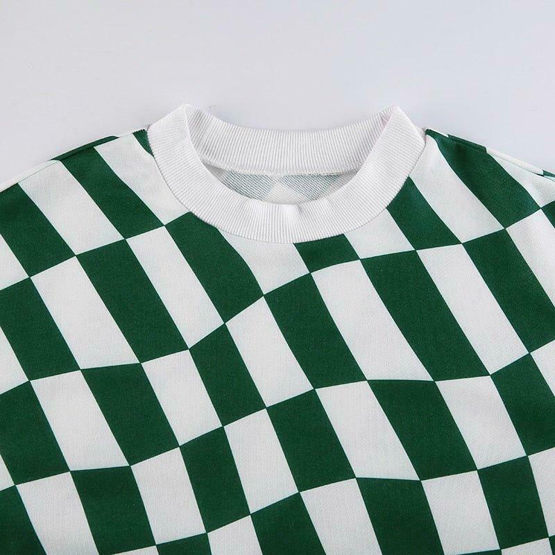 Coquette Aesthetic Green Checkered Oversized Sweatshirt - Y2K Fashion Women's Clothing