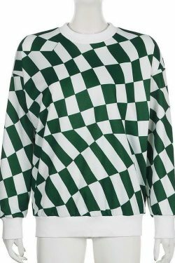 Coquette Aesthetic Green Checkered Oversized Sweatshirt - Y2K Fashion Women's Clothing