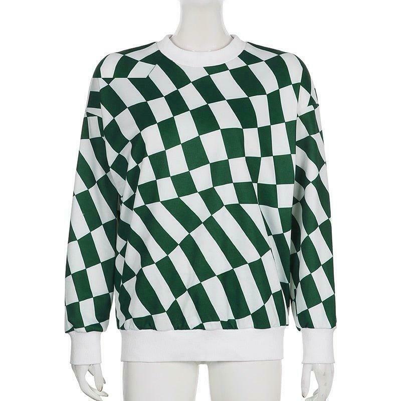 Coquette Aesthetic Green Checkered Oversized Sweatshirt - Y2K Fashion Women's Clothing
