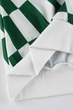 Coquette Aesthetic Green Checkered Oversized Sweatshirt - Y2K Fashion Women's Clothing