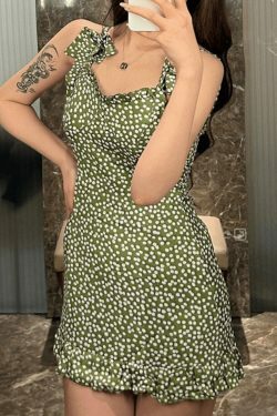 Coquette Aesthetic Green Mini Dress with Polka Dots - Y2K Fashion for Women