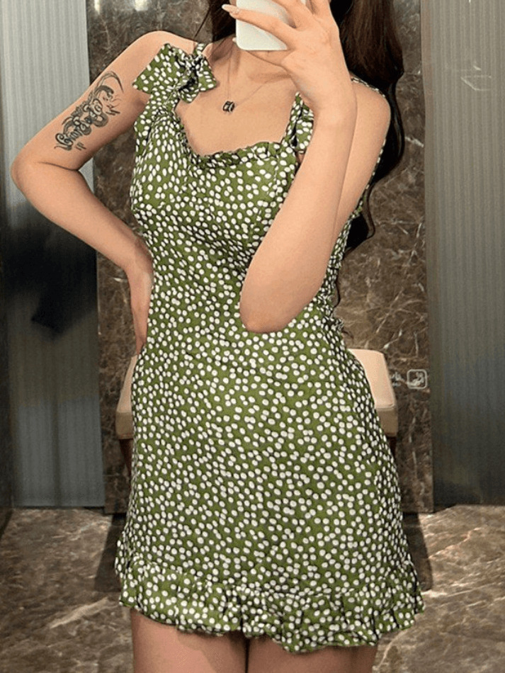 Coquette Aesthetic Green Mini Dress with Polka Dots - Y2K Fashion for Women
