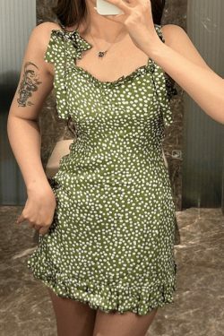 Coquette Aesthetic Green Mini Dress with Polka Dots - Y2K Fashion for Women