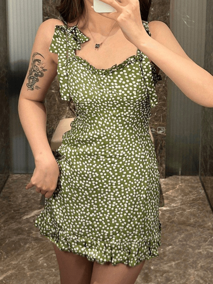 Coquette Aesthetic Green Mini Dress with Polka Dots - Y2K Fashion for Women
