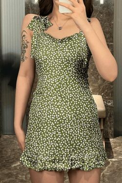 Coquette Aesthetic Green Mini Dress with Polka Dots - Y2K Fashion for Women