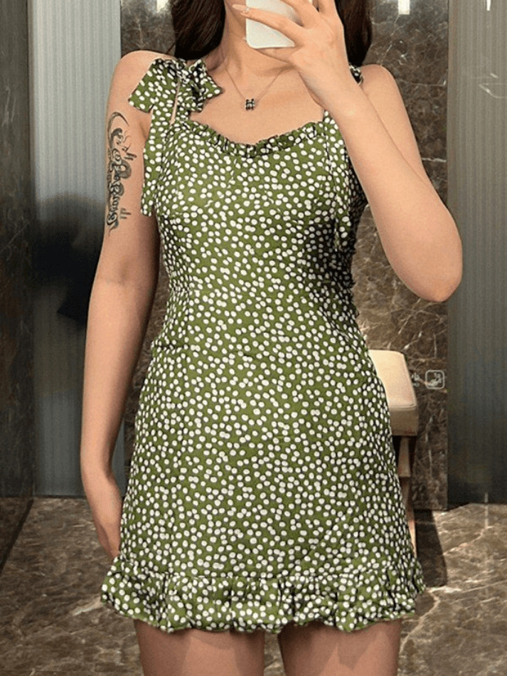 Coquette Aesthetic Green Mini Dress with Polka Dots - Y2K Fashion for Women