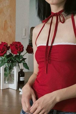 Coquette Aesthetic Halter-Neck Lace-Trim Ruched Camisole - Y2K Fashion Slim-Fit Top