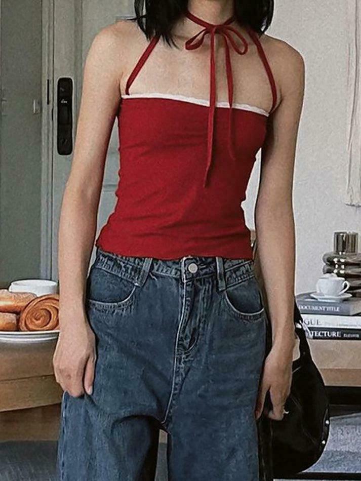 Coquette Aesthetic Halter-Neck Lace-Trim Ruched Camisole - Y2K Fashion Slim-Fit Top