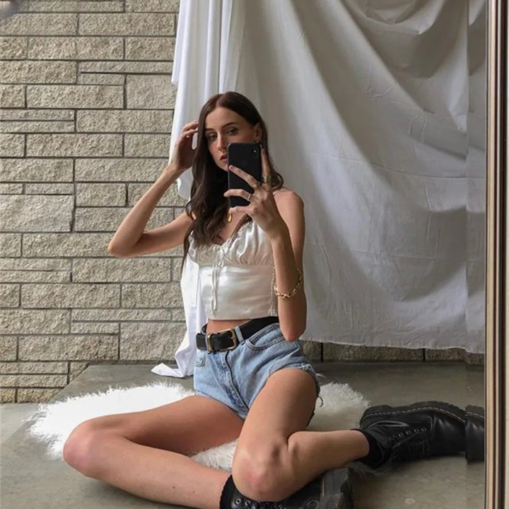 Coquette Aesthetic Hazel V-Neck Pleated Cami Top - Y2K Fashion Grunge Style Cute Tops & Cargo Skirt