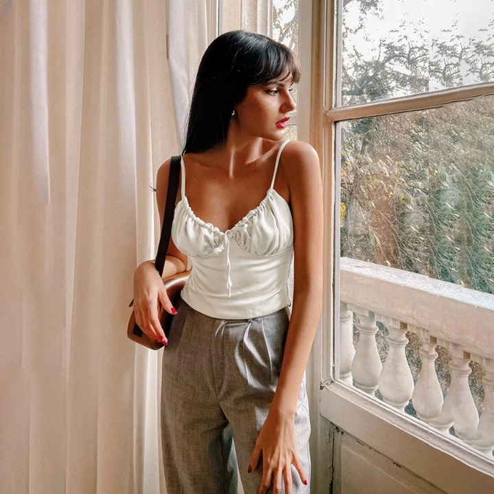 Coquette Aesthetic Hazel V-Neck Pleated Cami Top - Y2K Fashion Grunge Style Cute Tops & Cargo Skirt