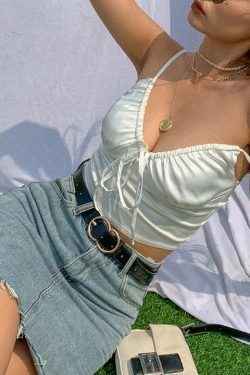 Coquette Aesthetic Hazel V-Neck Pleated Cami Top - Y2K Fashion Grunge Style Cute Tops & Cargo Skirt