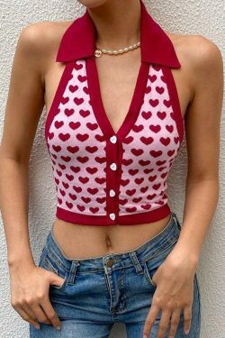 Coquette Aesthetic Heart-Print Knitted Vest for Y2K Fashion Enthusiasts