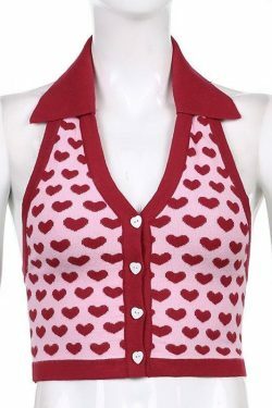 Coquette Aesthetic Heart-Print Knitted Vest for Y2K Fashion Enthusiasts