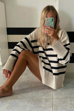 Coquette Aesthetic Henry Stripe Knitted Jumper - Y2K Fashion Women's Sweater