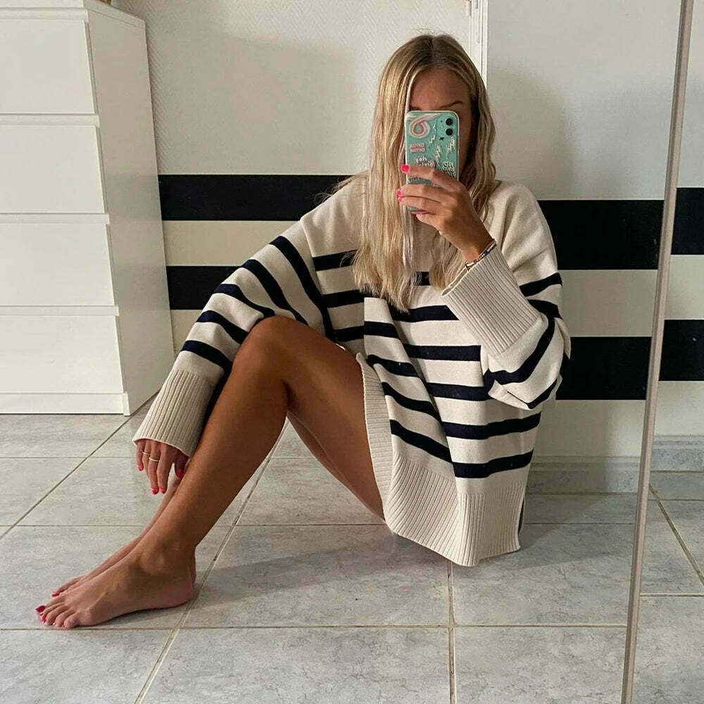 Coquette Aesthetic Henry Stripe Knitted Jumper - Y2K Fashion Women's Sweater