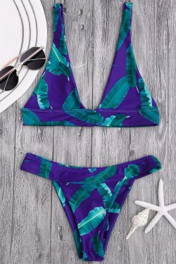 Coquette Aesthetic High Cut Banana Leaf Plunge Bikini Set