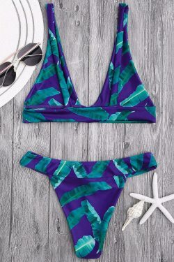 Coquette Aesthetic High Cut Banana Leaf Plunge Bikini Set
