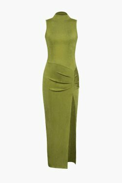 Coquette Aesthetic High Neck Sleeveless Midi Dress with Slit - Y2K Fashion Statement Piece