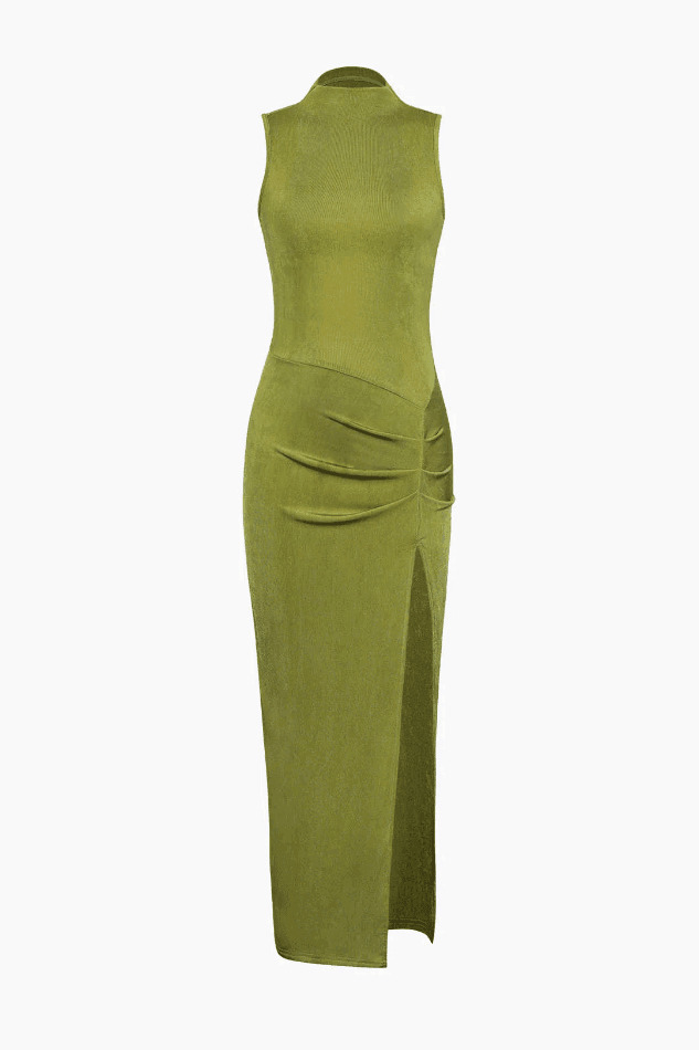 Coquette Aesthetic High Neck Sleeveless Midi Dress with Slit - Y2K Fashion Statement Piece