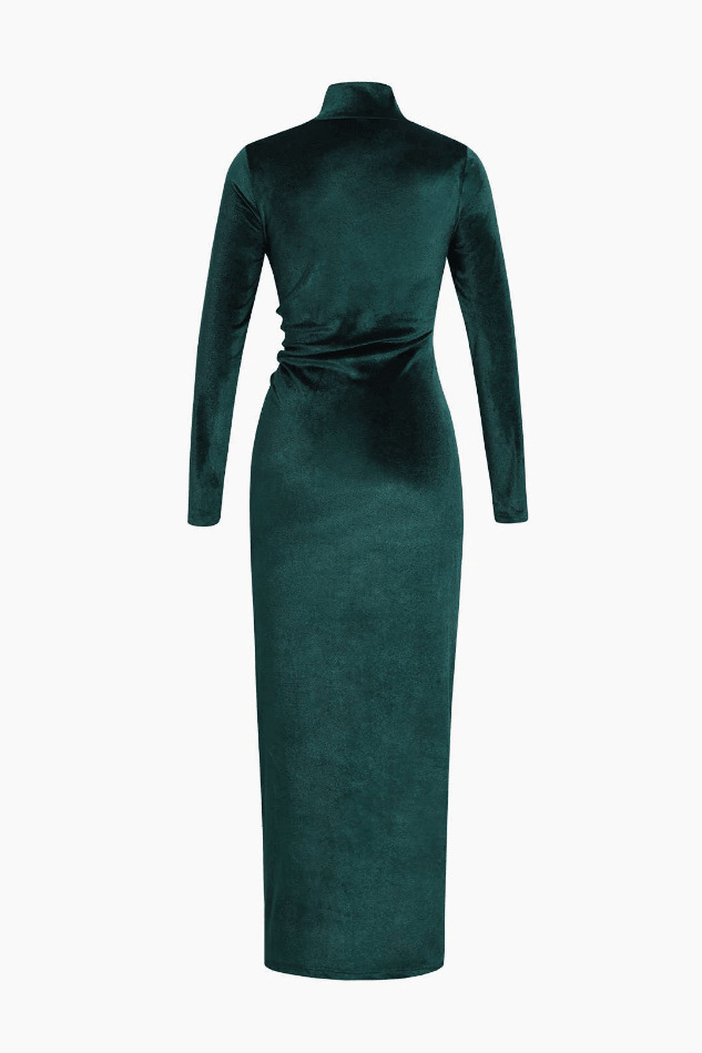 Coquette Aesthetic High Neck Velvet Maxi Dress with Ruched Detail Coquette Aesthetic High Neck Velvet Maxi Dress with Ruched Detail