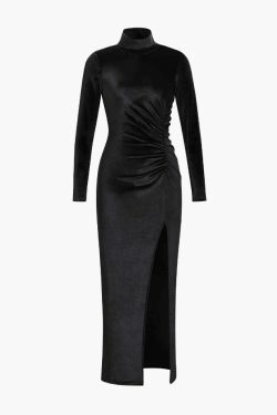 Coquette Aesthetic High Neck Velvet Maxi Dress with Ruched Detail