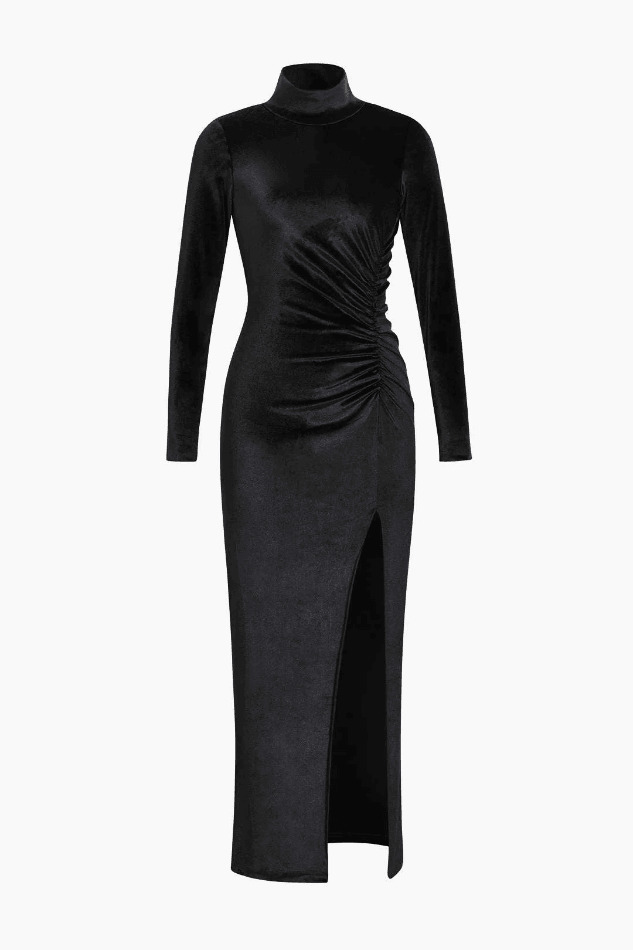 Coquette Aesthetic High Neck Velvet Maxi Dress with Ruched Detail Coquette Aesthetic High Neck Velvet Maxi Dress with Ruched Detail