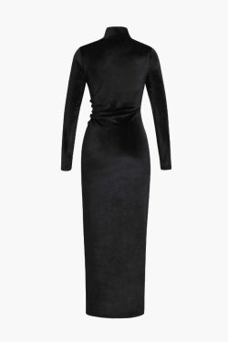Coquette Aesthetic High Neck Velvet Maxi Dress with Ruched Detail