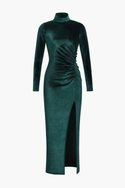 Coquette Aesthetic High Neck Velvet Maxi Dress with Ruched Detail