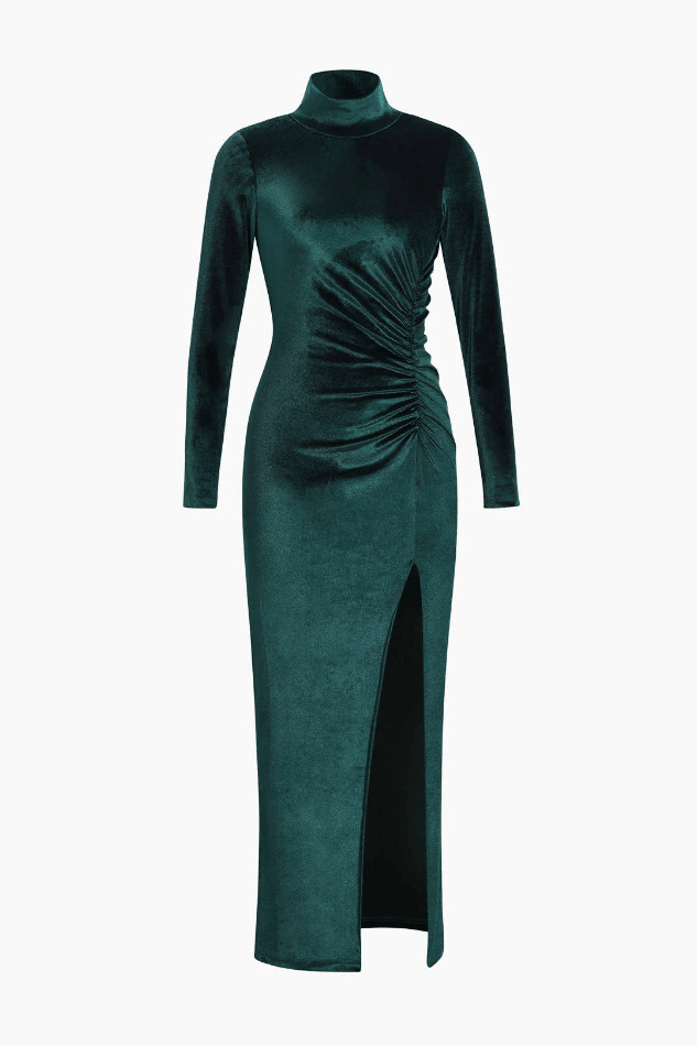 Coquette Aesthetic High Neck Velvet Maxi Dress with Ruched Detail Coquette Aesthetic High Neck Velvet Maxi Dress with Ruched Detail