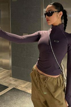 Coquette Aesthetic High Neck Zipper T-shirt - Y2K Fashion Slim Fit Top