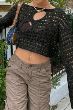 Coquette Aesthetic Hollow Out Knit Crop Top for Y2K Fashion Enthusiasts