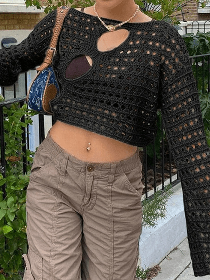 Coquette Aesthetic Hollow Out Knit Crop Top for Y2K Fashion Enthusiasts